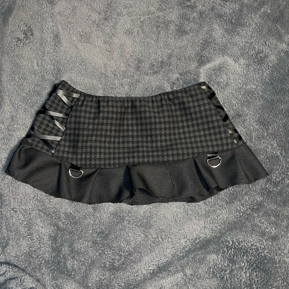 SOLD Handmade Black and Grey Plaid Miniskirt with Ribbon and metal details